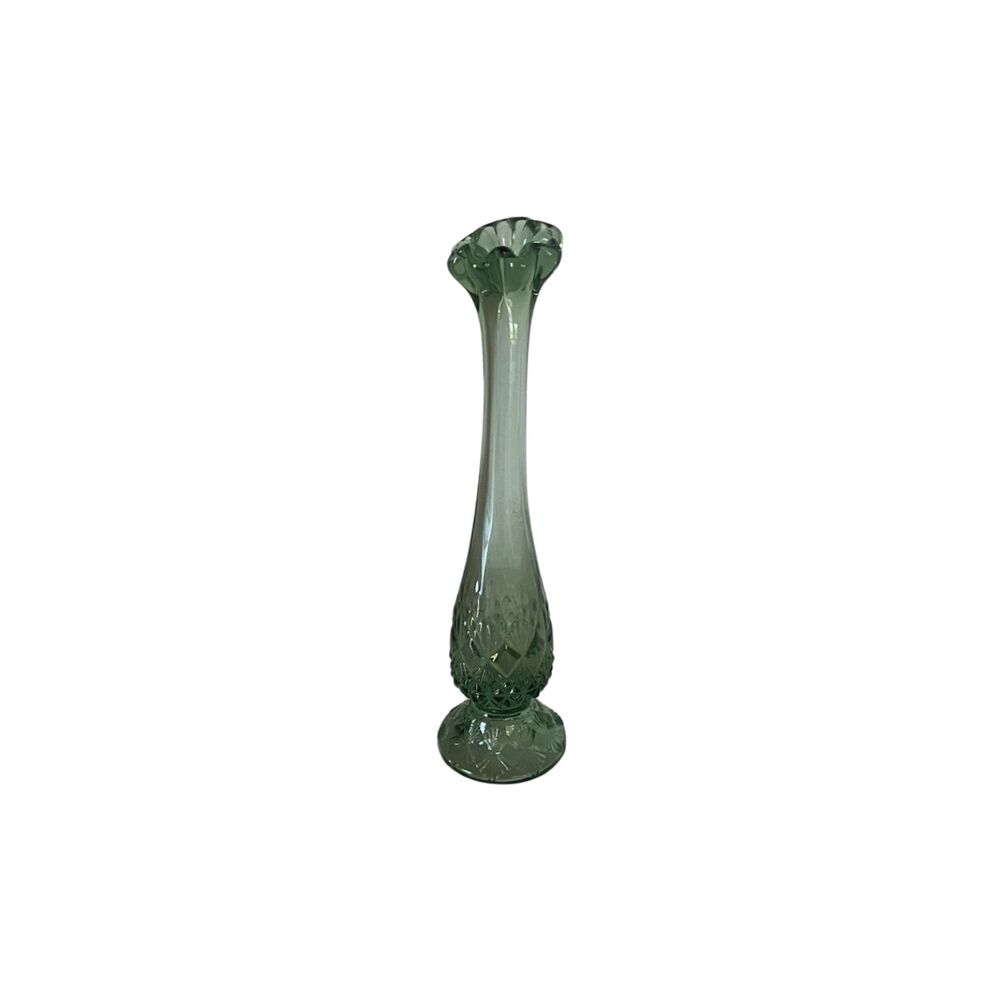 Green Swung Glass Footed Bud Vase 7.5" MCM Ruffled Top Vintage